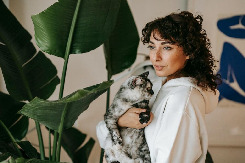 Sincere woman embracing adorable cat near plant in room