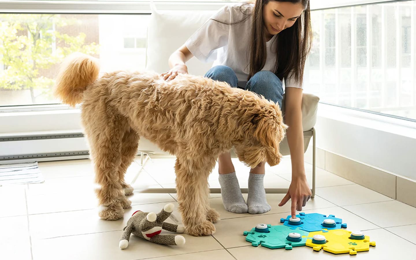 Woman training dog to communicate with buttons