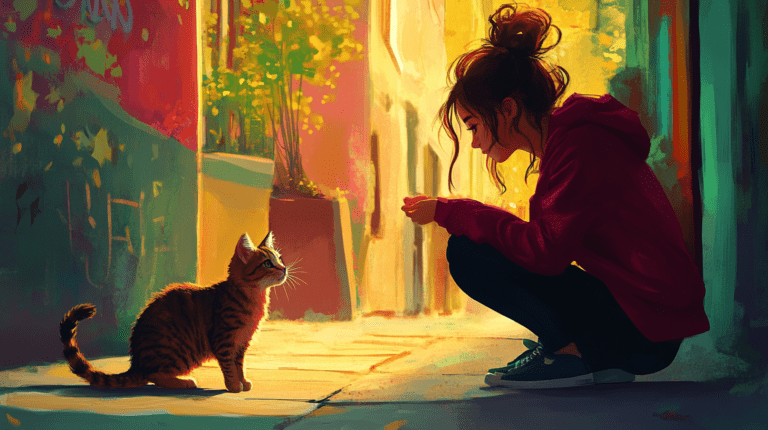 A young girl interacting with a stray cat