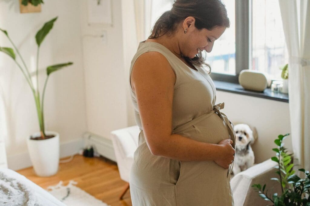 Adult pregnant lady standing in living room and touching tummy while dog sitting on couch in background