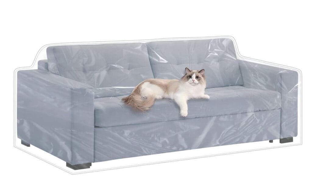 Cat on a couch with a plastic cover