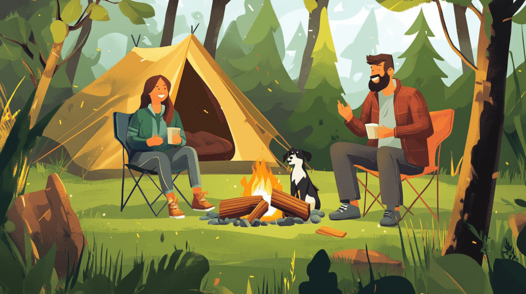 Couple camping with dog