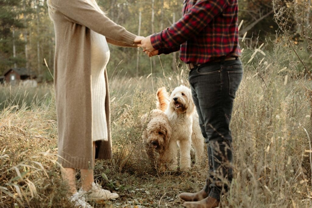 a man and a pregnant woman holding hands with a dog