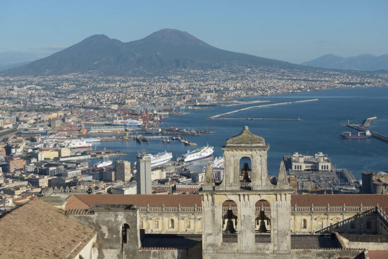 Naples from the Castello Sant Elmo with Abbazia San Martino the port and the Vesuv
