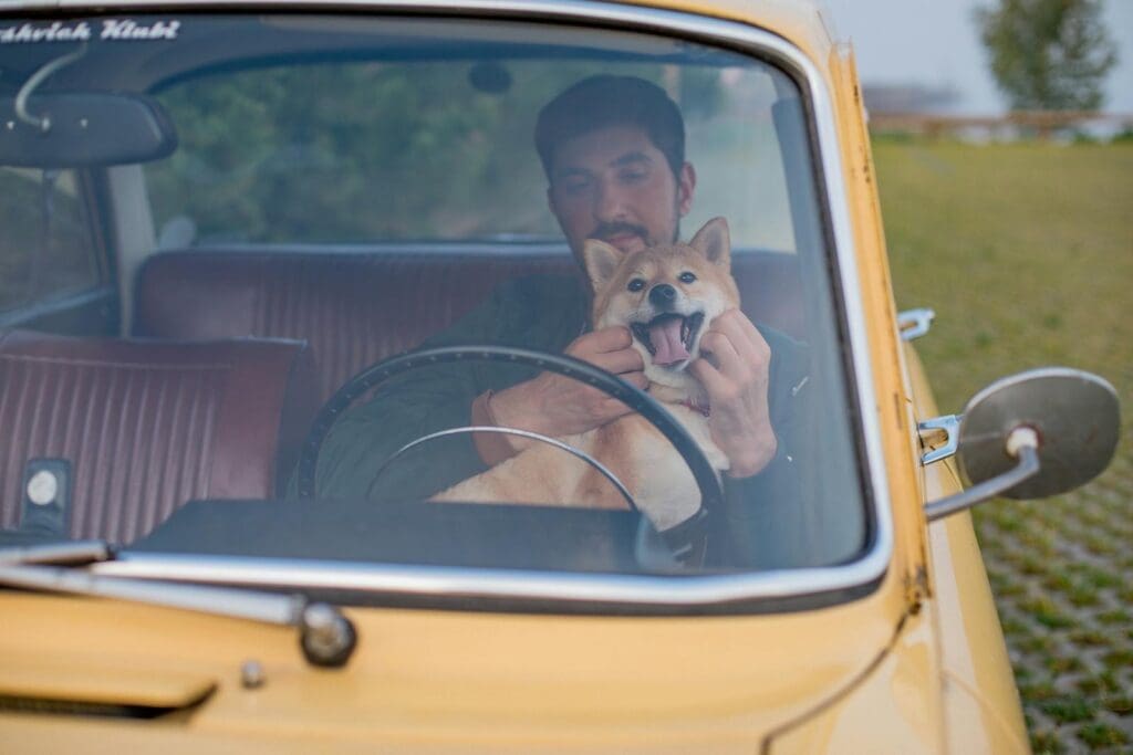 A man and his Shiba Inu dog sit inside a vintage car, enjoying a moment together.