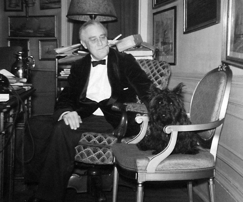 Photograph of President Franklin D. Roosevelt and his dog Fala in the White House Study, Washington, D.C.