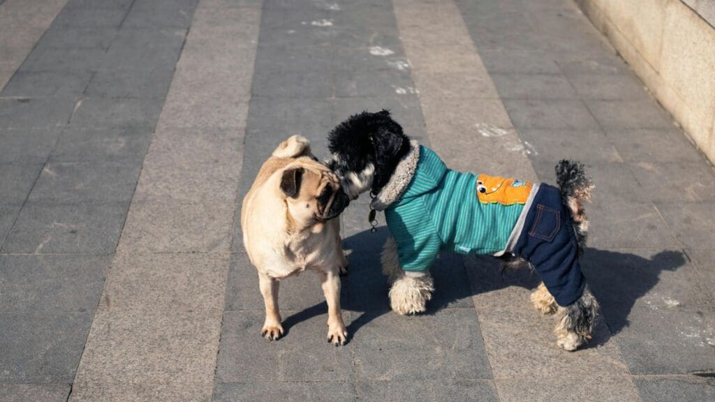 A pug and a small dog in clothes interacting playfully on a sunny sidewalk.