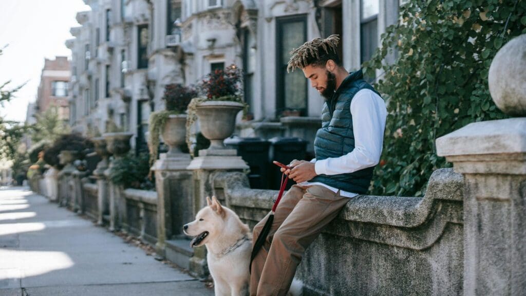 Man, Mobile, Dog