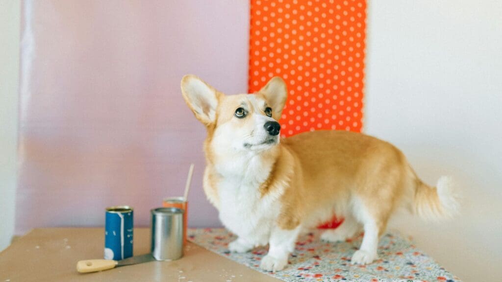 A charming corgi dog posing indoors with a colorful background and paint cans.