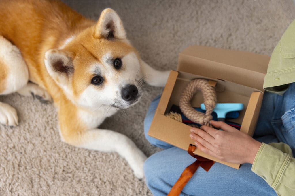 Pet subscription box with enrichment toys and treats