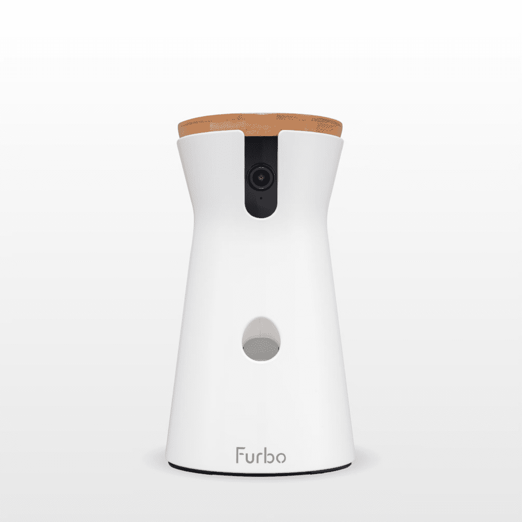 Furbo Dog Camera, a sleek white pet monitoring device with a wood-textured top, built-in camera, and treat dispenser