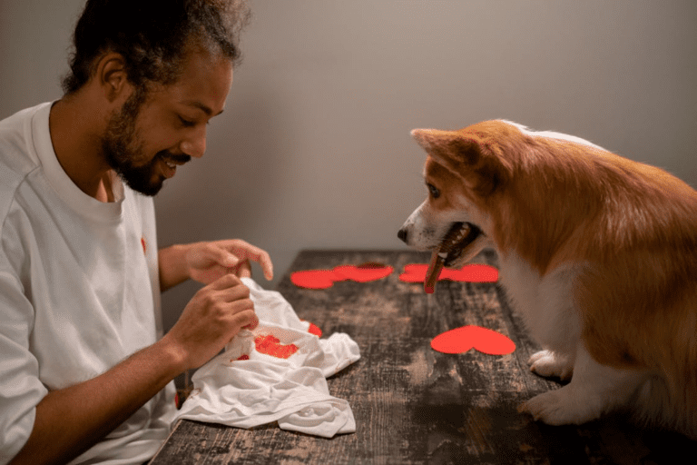 Smiling man decorating a white t-shirt with red paint at a table while a happy Corgi dog watches