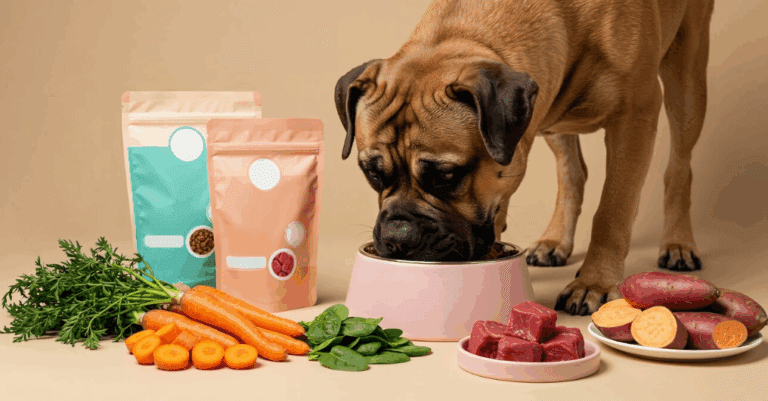 Dog eating from a bowl surrounded by alternative protein pet food ingredients including carrots, spinach, sweet potatoes, raw meat cubes, and packaged kibble.